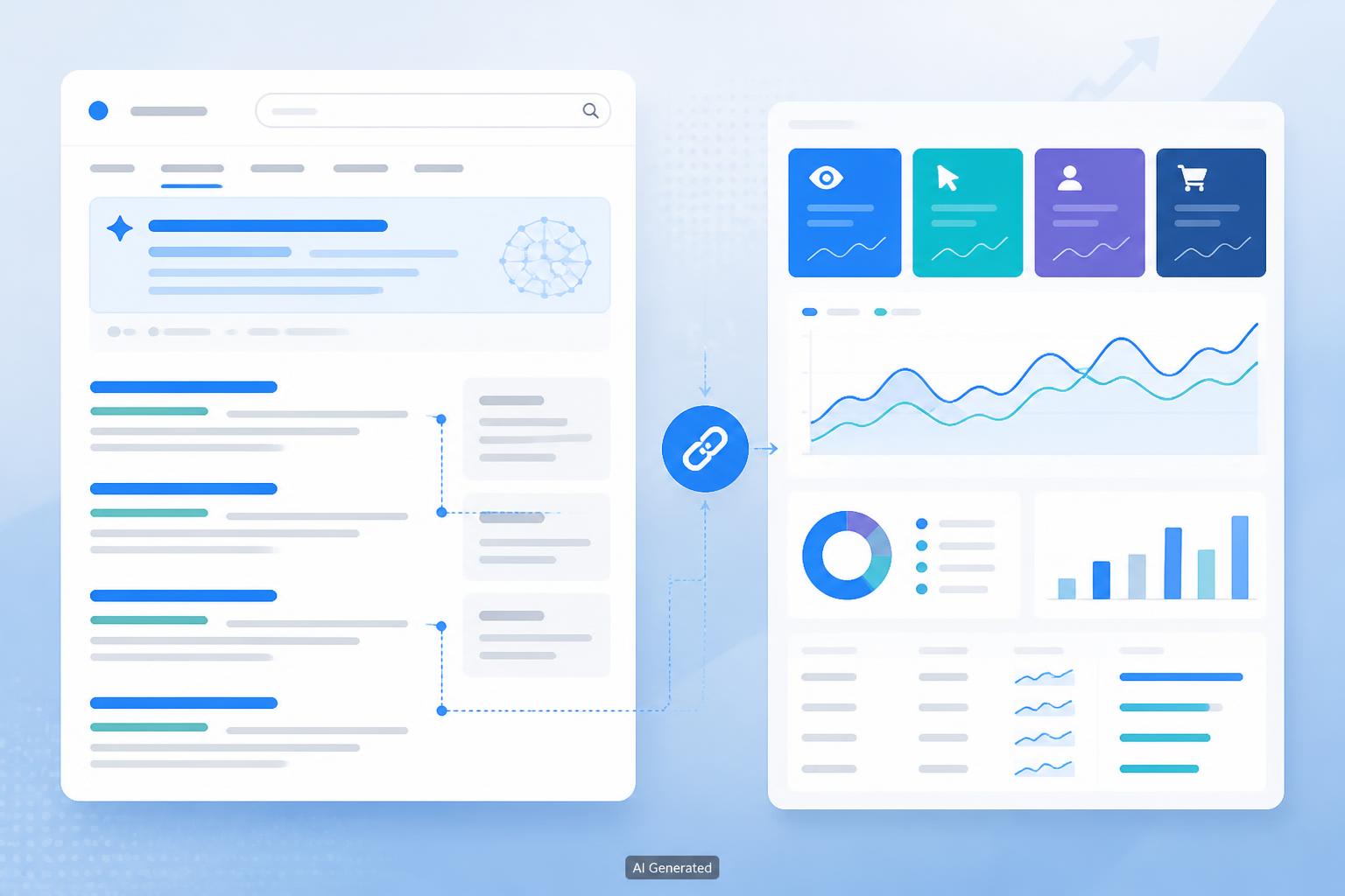Dashboard concettuale con AI Overview, posizione media, clic e conversioni