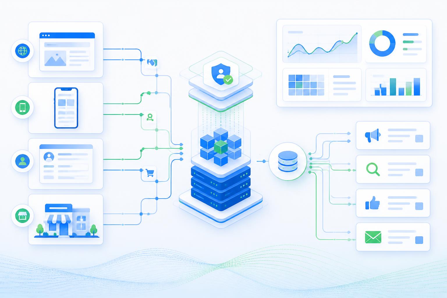 Architettura di misurazione first-party tra sito web, Google Analytics, CRM e piattaforme pubblicitarie