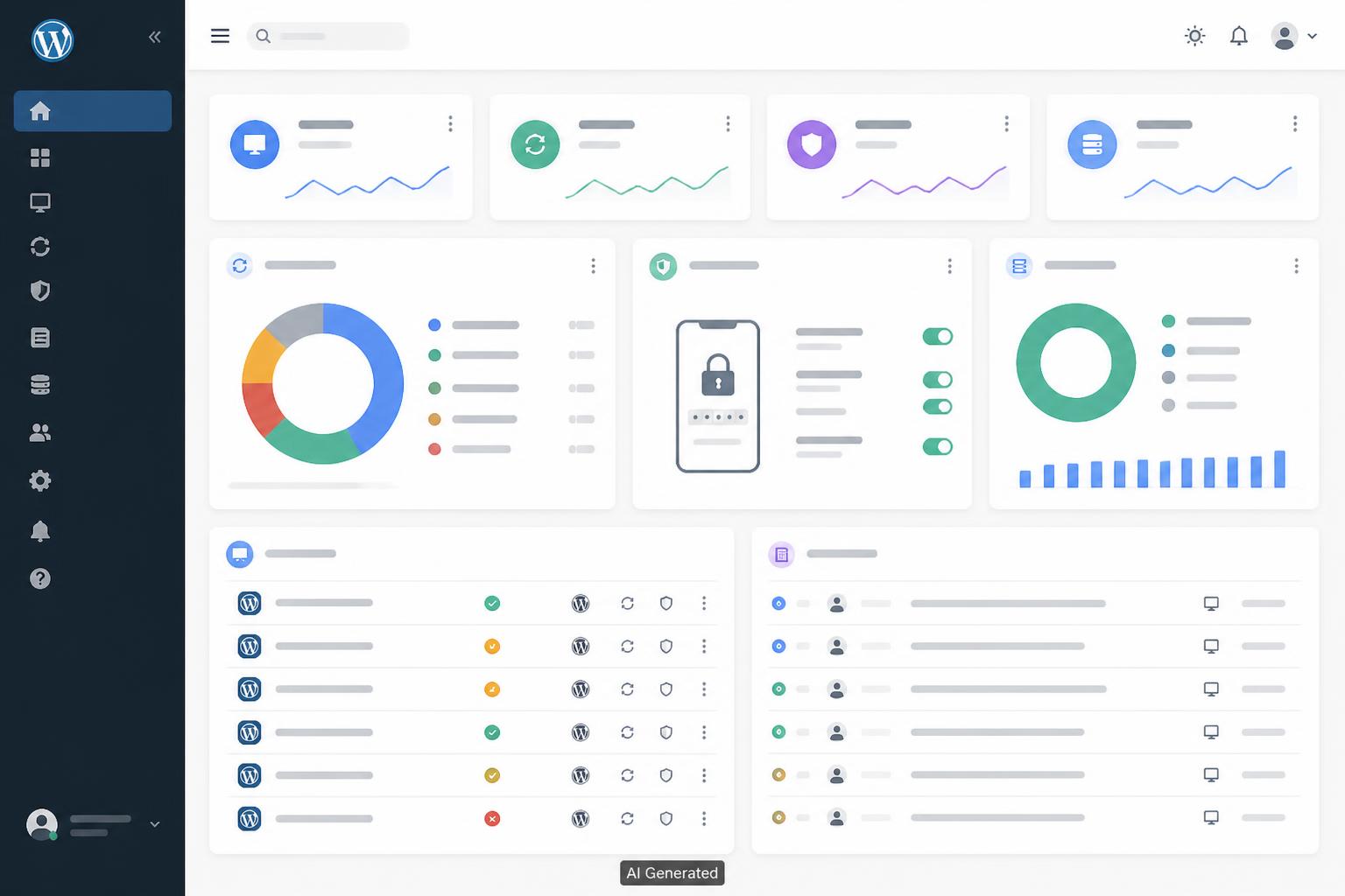 Dashboard per la gestione della sicurezza WordPress con aggiornamenti, autenticazione 2FA, registri e backup