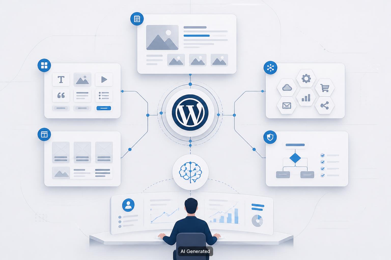 Workflow WordPress per agenzie con contenuti, componenti approvati, API e regole editoriali collegati